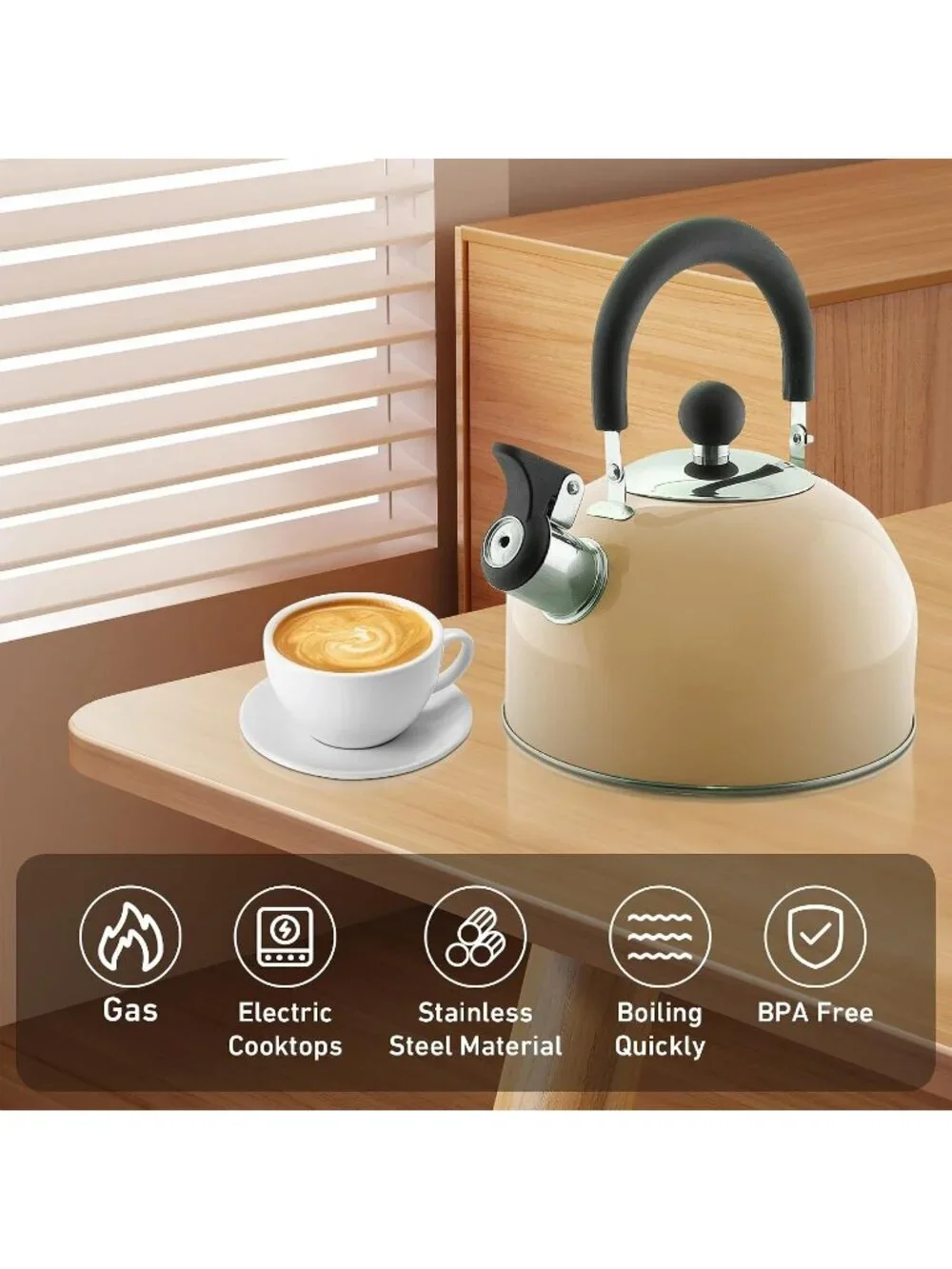 Pastel Cream Kitchen Whistling Tea Kettle 2 QT Stainless Steel Stovetop Teapot